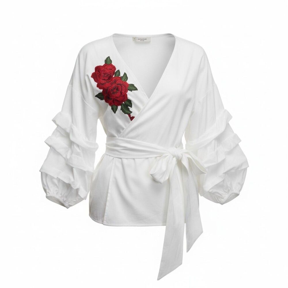 NWT Iris White Cotton Wrap Blouse Red Rose Floral Applique Plus Size 1XL